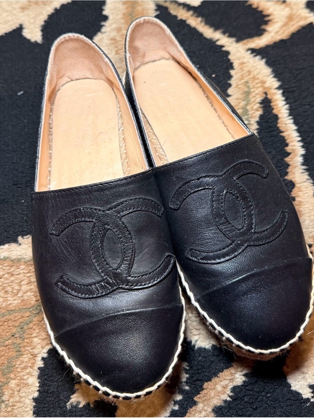 CHANEL Black Leather Espadrille Slip-On Flats with CC Logo